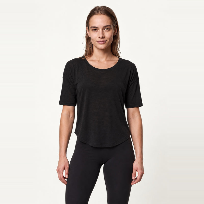 Loose Short Sleeve Top with Open Back - Black