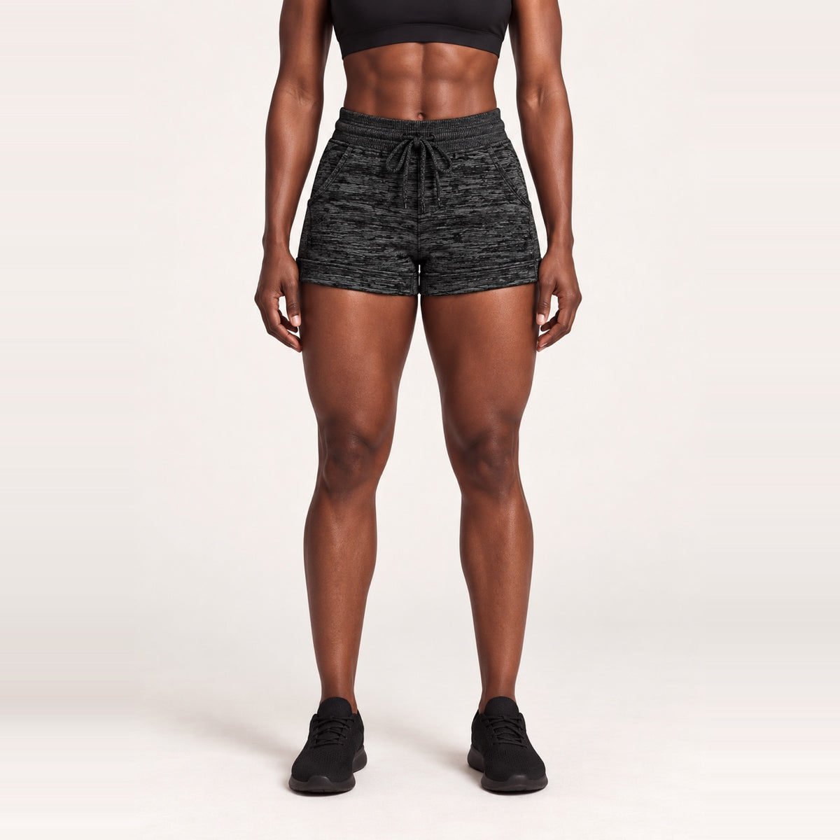 Heathered Drawstring Shorts with Side Pockets - Black
