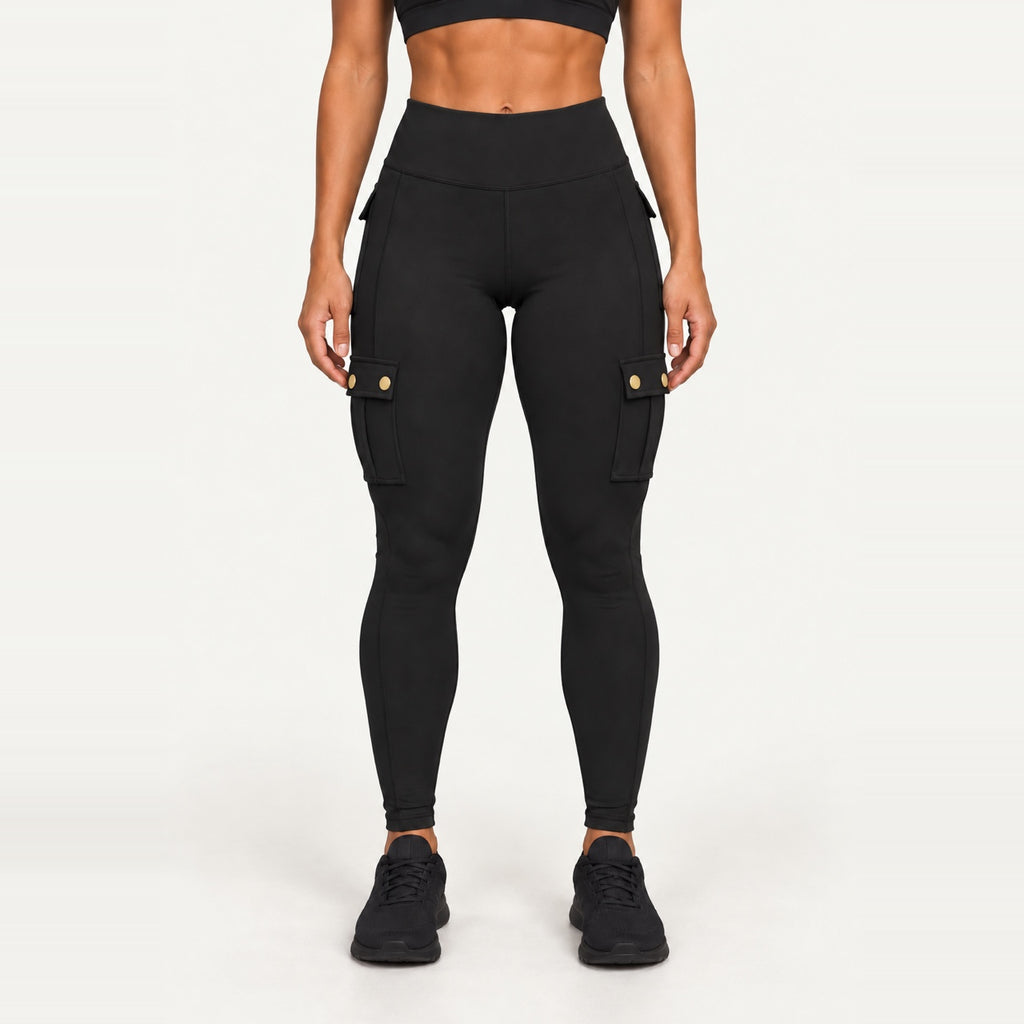 High-Waisted Cargo Leggings with Flap Pockets - Black