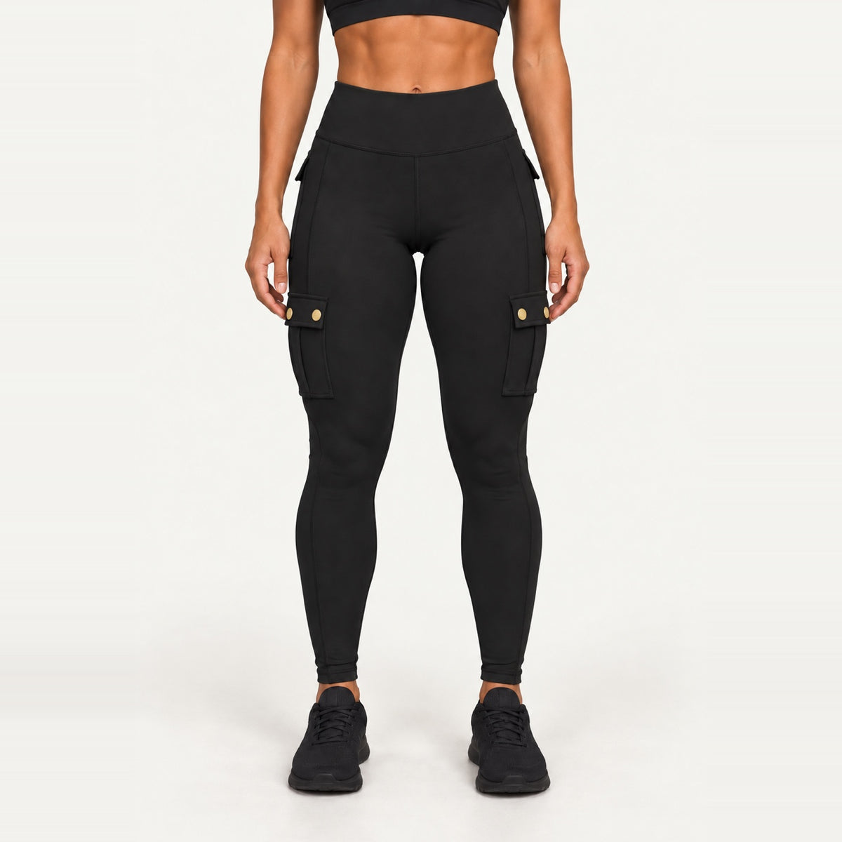 High-Waisted Cargo Leggings with Flap Pockets - Black