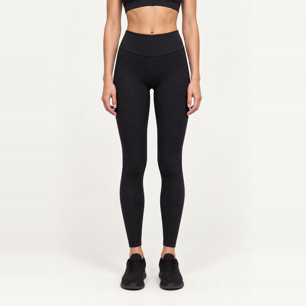 High-Waisted Honeycomb-Texture Leggings - Black