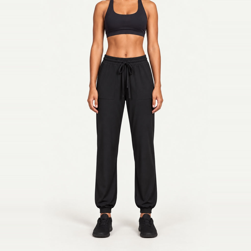 Drawstring Joggers with Side Pockets - Black