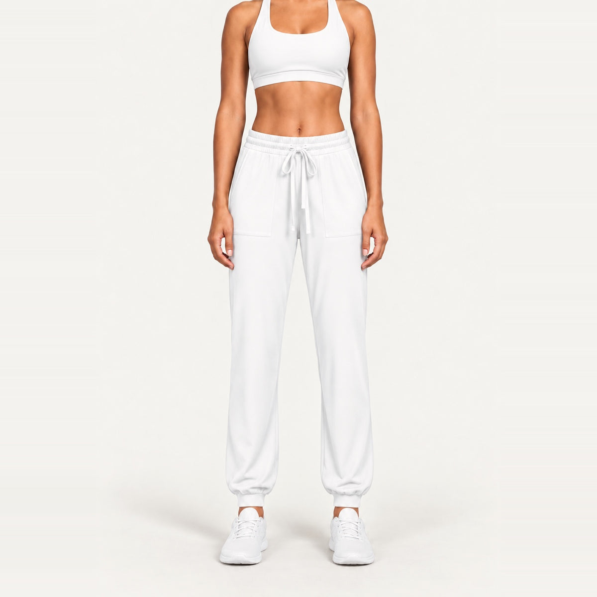 Drawstring Joggers with Side Pockets - White
