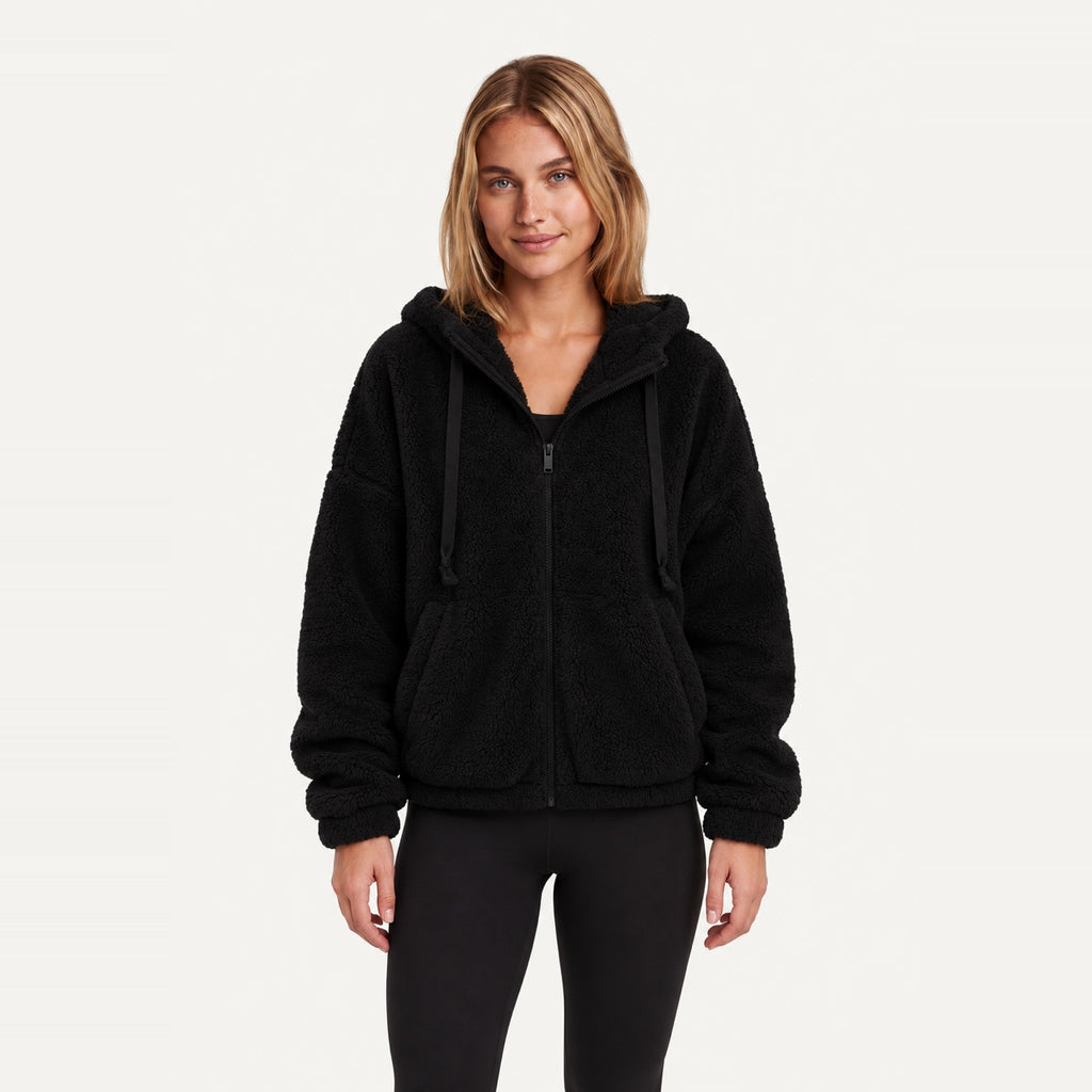 Plush Zip-Up Hoodie with Side Pockets - Black