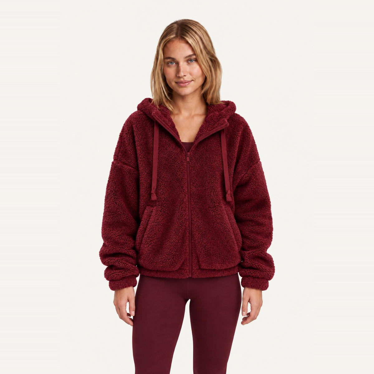 Plush Zip-Up Hoodie with Side Pockets - Burgundy