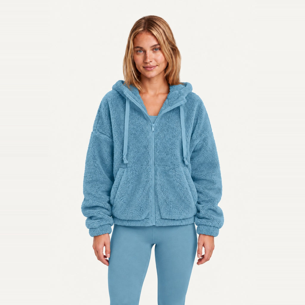 Plush Zip-Up Hoodie with Side Pockets - Dusty Blue