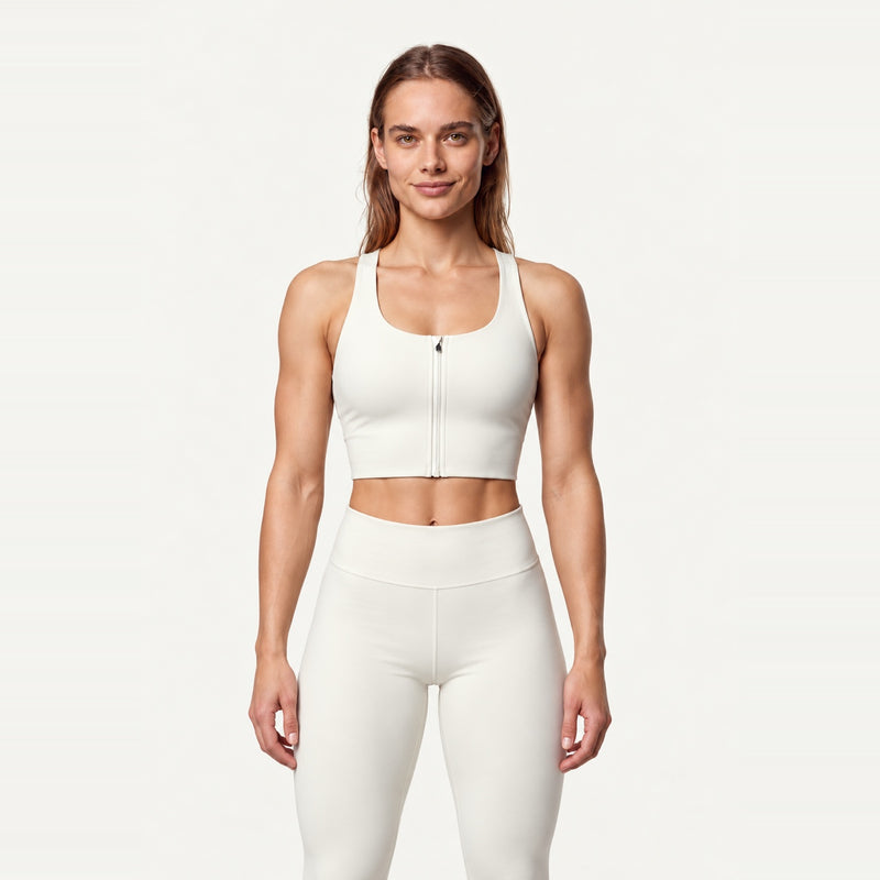 Front-Zip Sports Bra with Crossed Back Straps - Ivory