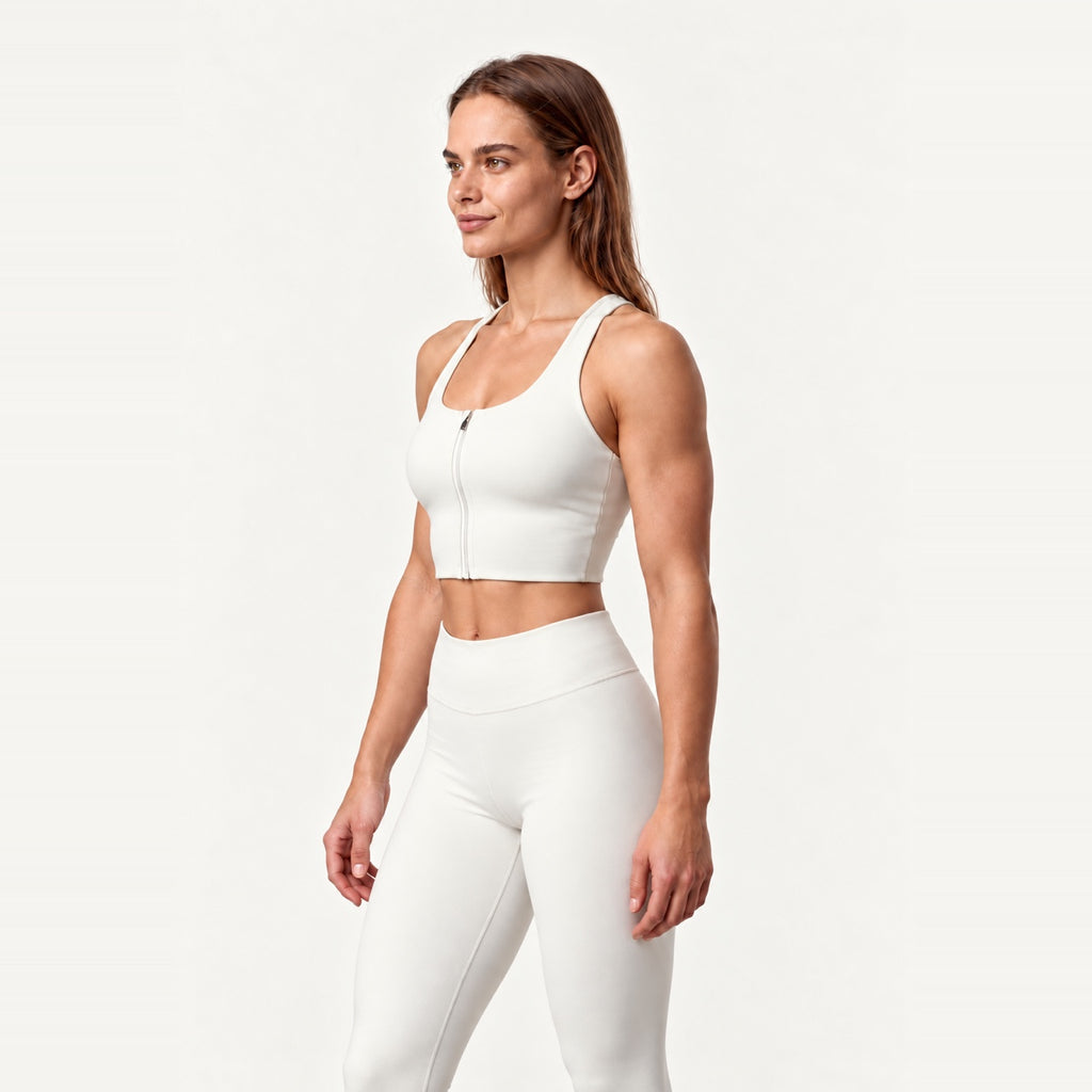 Front-Zip Sports Bra with Crossed Back Straps - side view