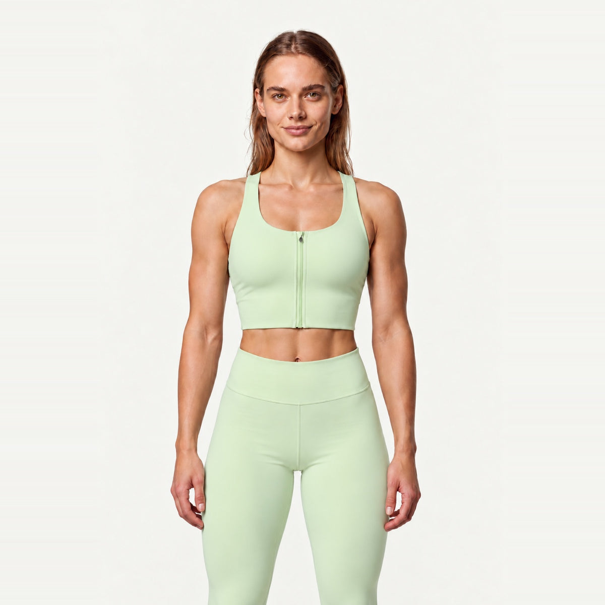 Front-Zip Sports Bra with Crossed Back Straps - Pale Green