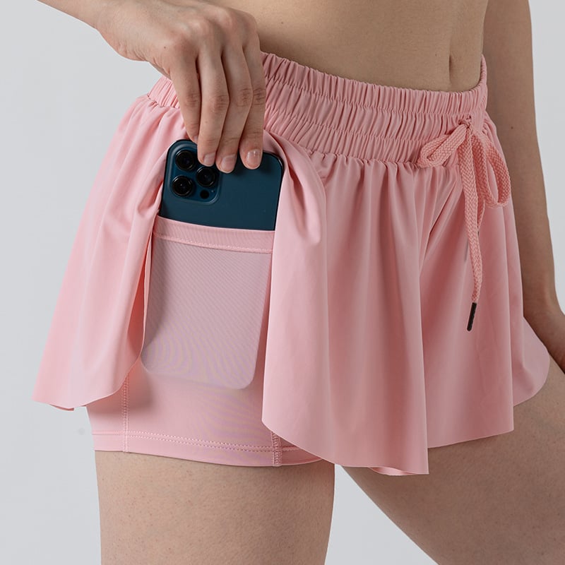 Drawstring Skort with Inner Shorts Pocket - Light Pink