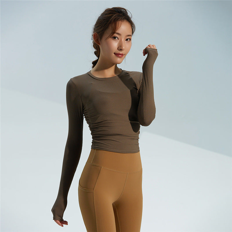 Long Sleeve Top with Ruched Sides - Coffee