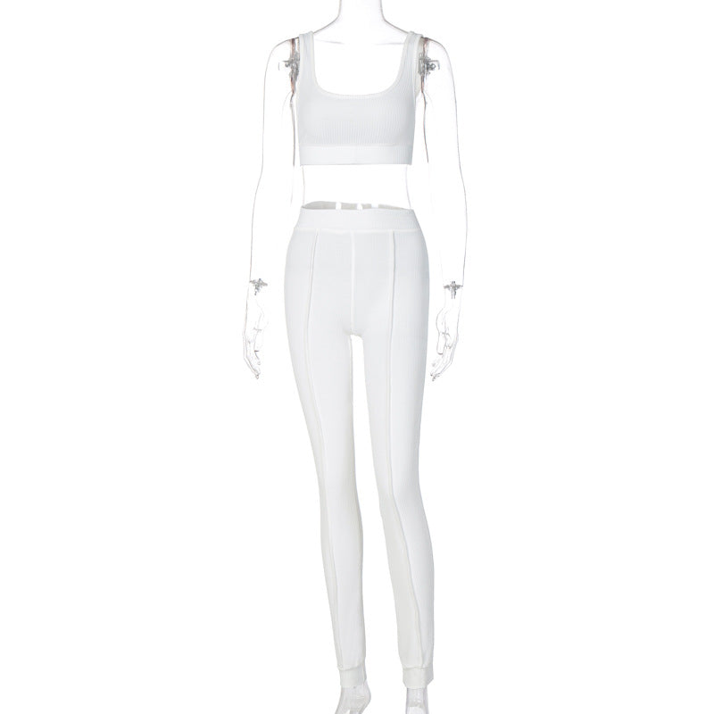 Ribbed Scoop-Neck Top and Joggers Set - White