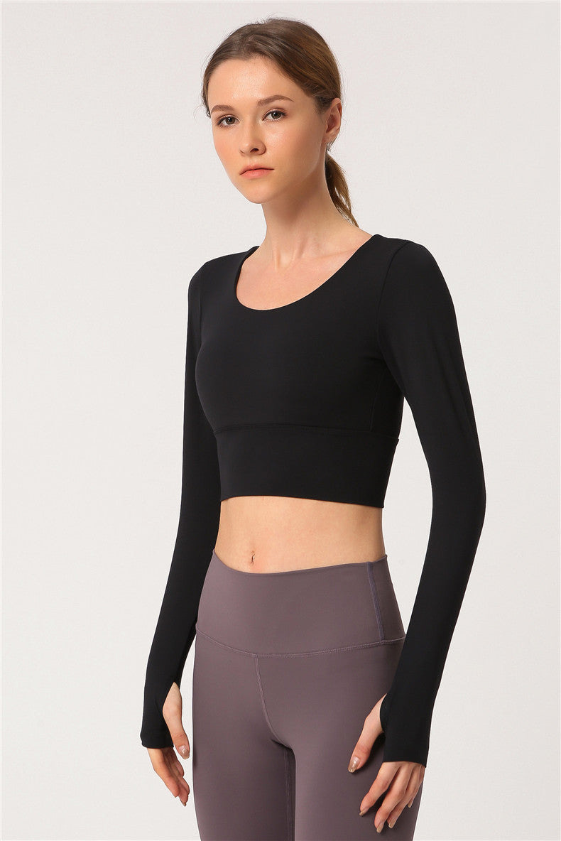 Long Sleeve Crop Top with Crisscross Open Back - Black