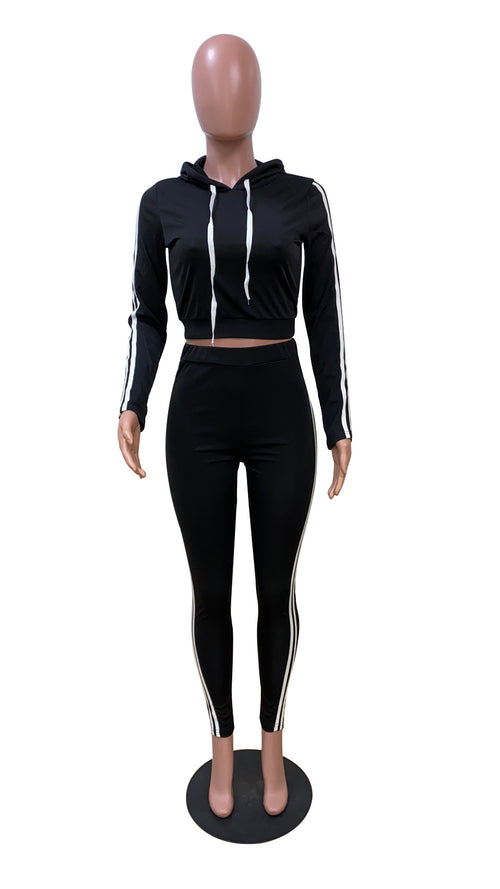 Cropped Zip-Up Hoodie and Striped Pants Set - Black