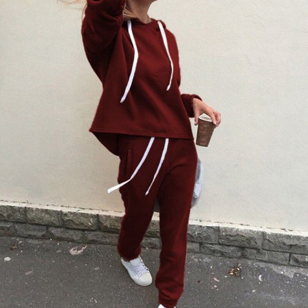 Cropped Hoodie and Drawstring Joggers Set - Burgundy