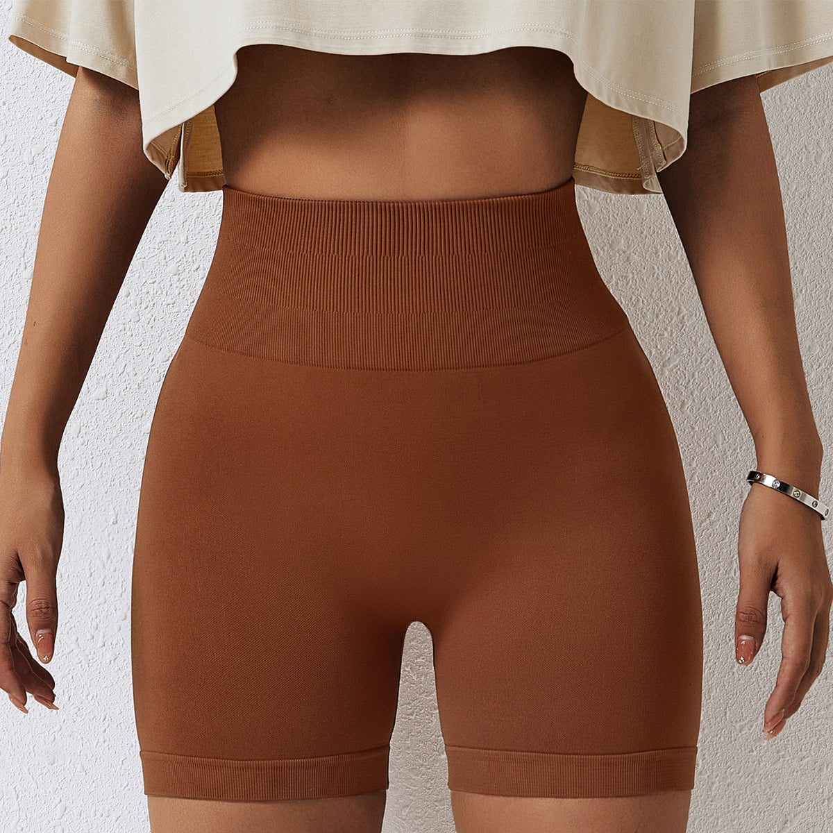Training Shorts with Ribbed High Waist - Rust