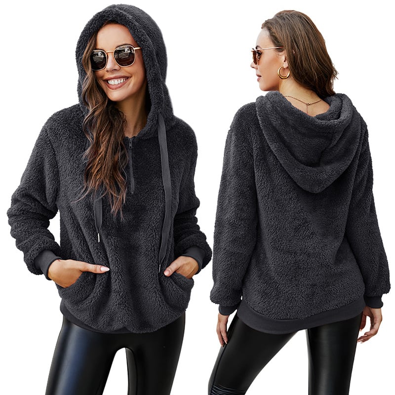 Plush Half-Zip Hoodie with Front Pocket - Charcoal