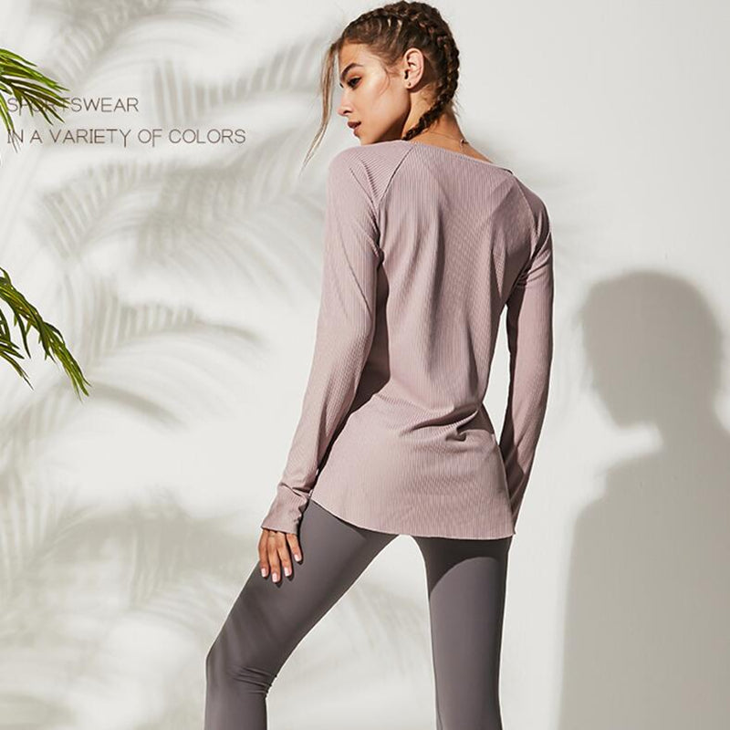 Ribbed Long Sleeve Top with Curved Hem
