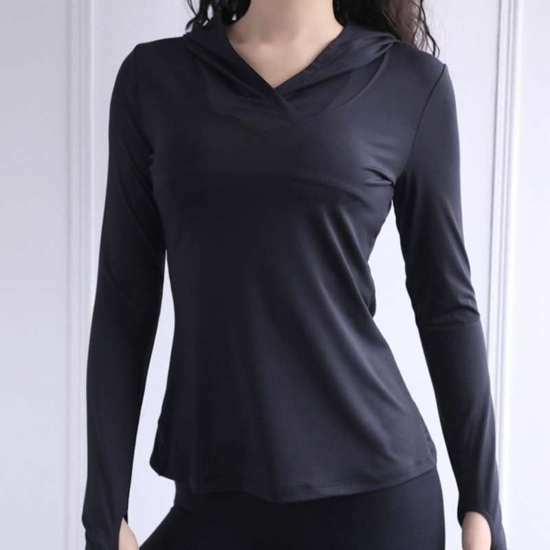 Fitted Long Sleeve Hoodie with Crossover Neckline - Black