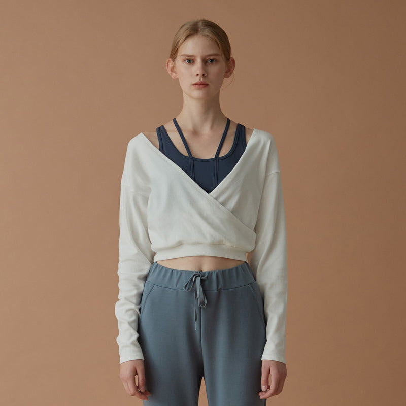 Long Sleeve Crop Top with Crossover Neckline - White