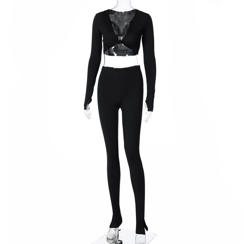 Long Sleeve Twist-Front Top and Leggings Set - Black