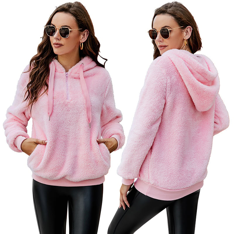 Plush Half-Zip Hoodie with Front Pocket - Pink
