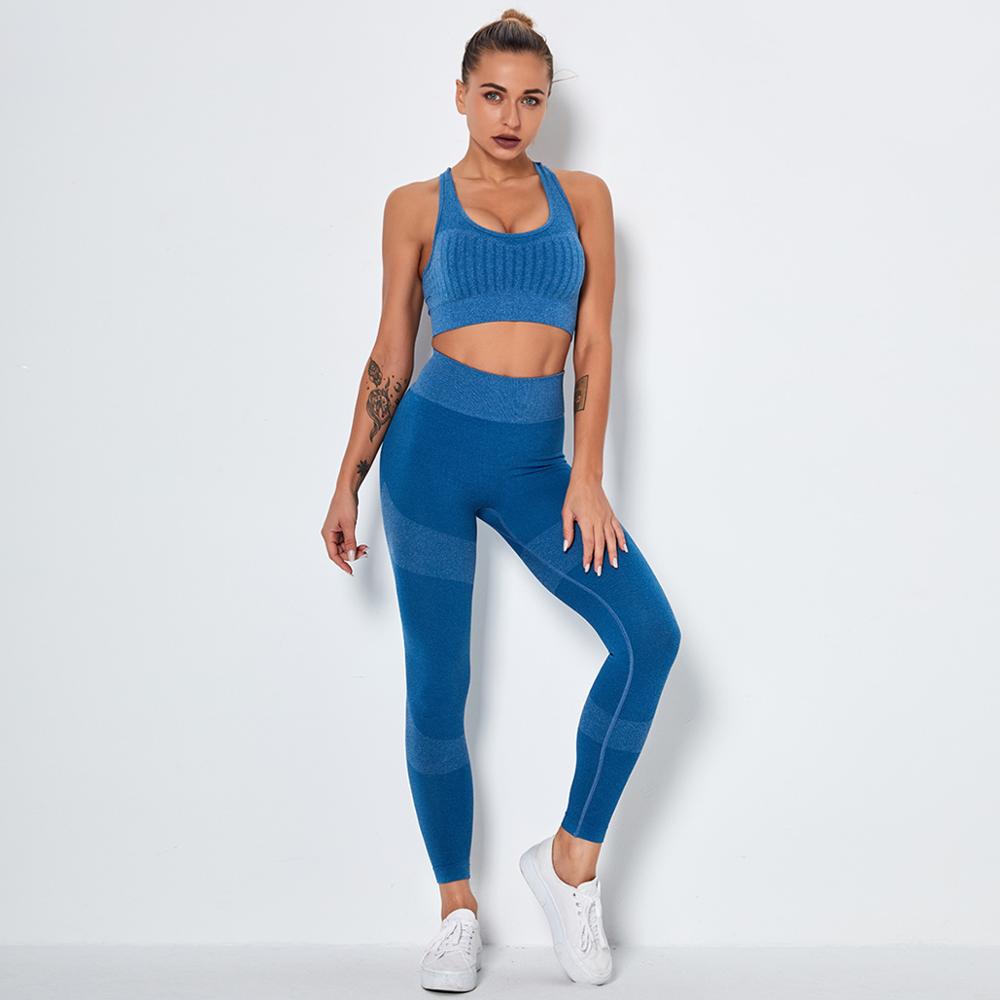 Ribbed Crop Top and Colorblock Leggings Set - Blue
