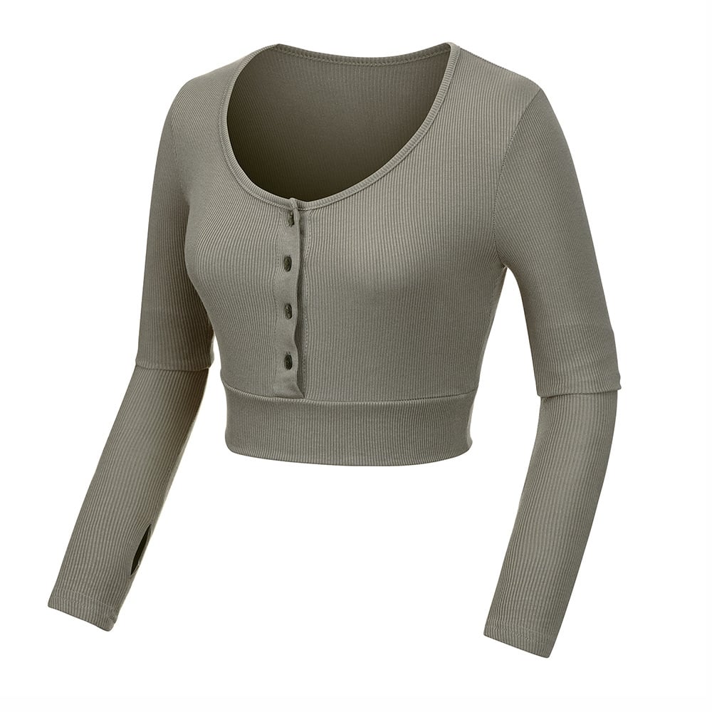 Button-Front Long Sleeve Crop Top - Olive