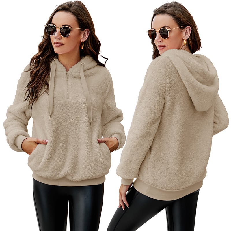 Plush Half-Zip Hoodie with Front Pocket - Beige