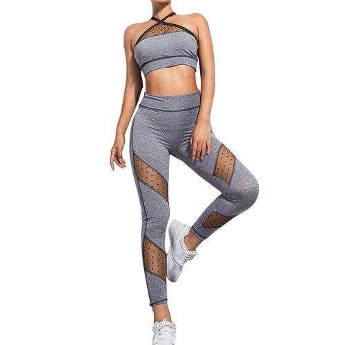 Cross-Strap Mesh Bra and Leggings Set - Gray