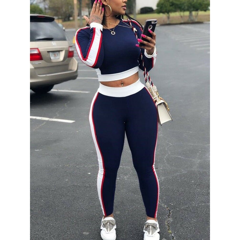 Contrast-Stripe Crop Top and Leggings Set - Navy
