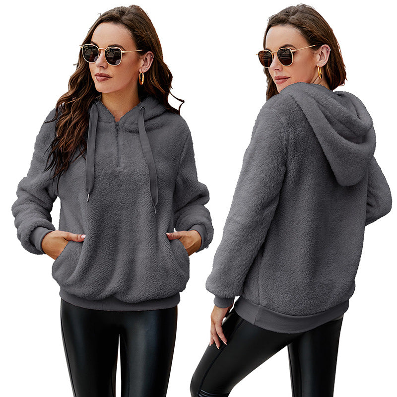 Plush Half-Zip Hoodie with Front Pocket - Gray