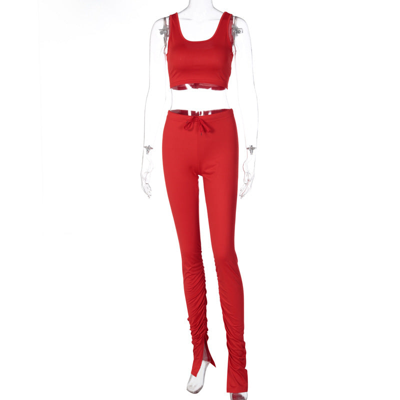 Sleeveless Crop Top and Ruched Pants Set - Red