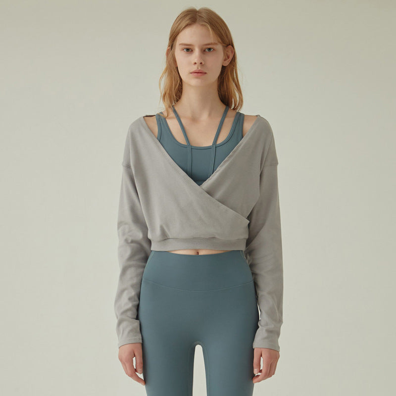 Long Sleeve Crop Top with Crossover Neckline - Gray