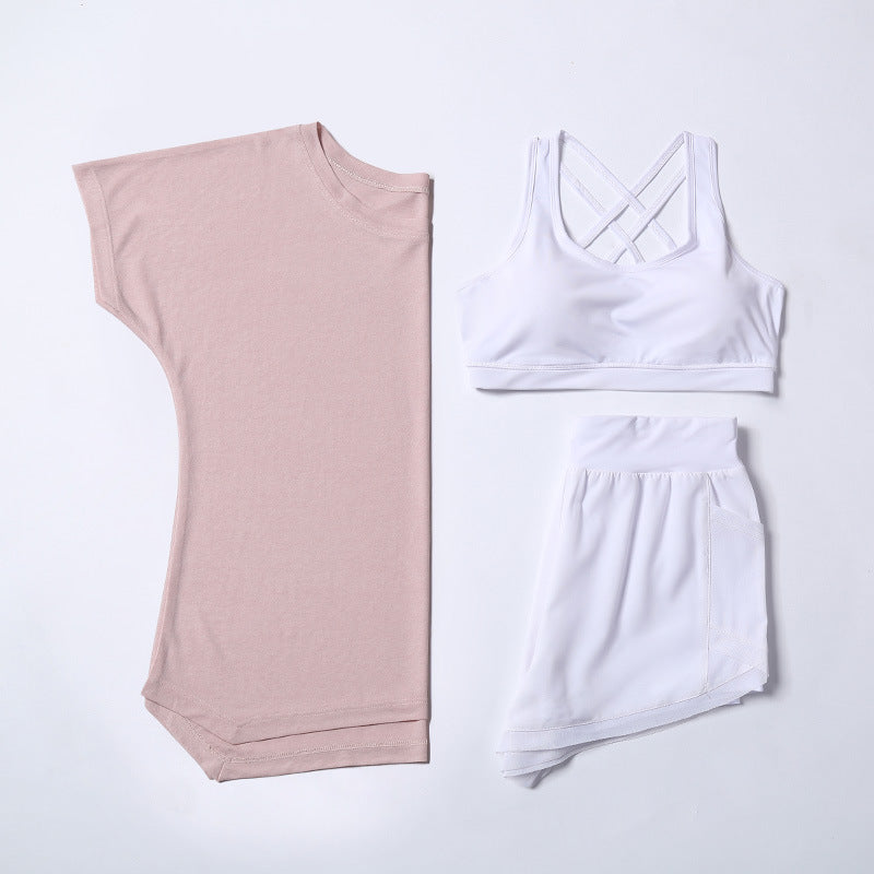 Three-Piece T-Shirt, Bra and Shorts Set - Pink