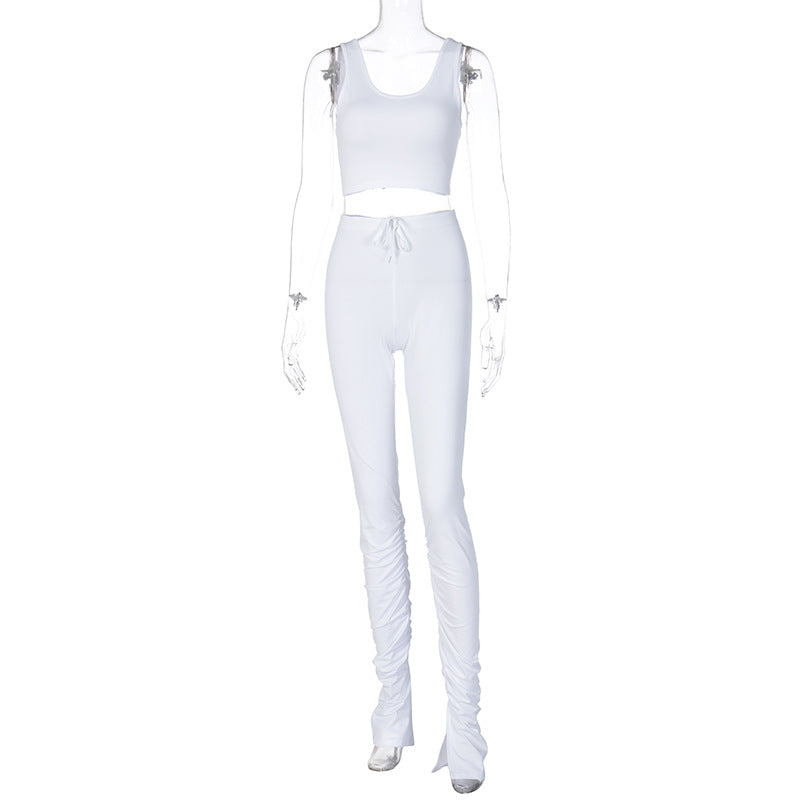 Sleeveless Crop Top and Ruched Pants Set - White