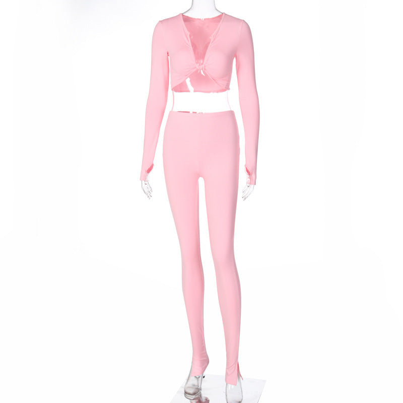 Long Sleeve Twist-Front Top and Leggings Set - Pink