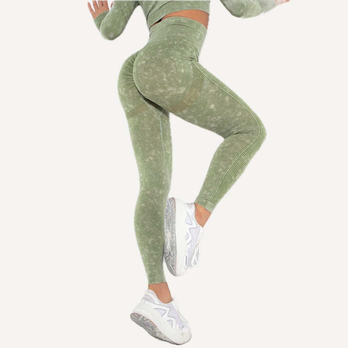 High-Waisted Mottled Knit Leggings - Olive