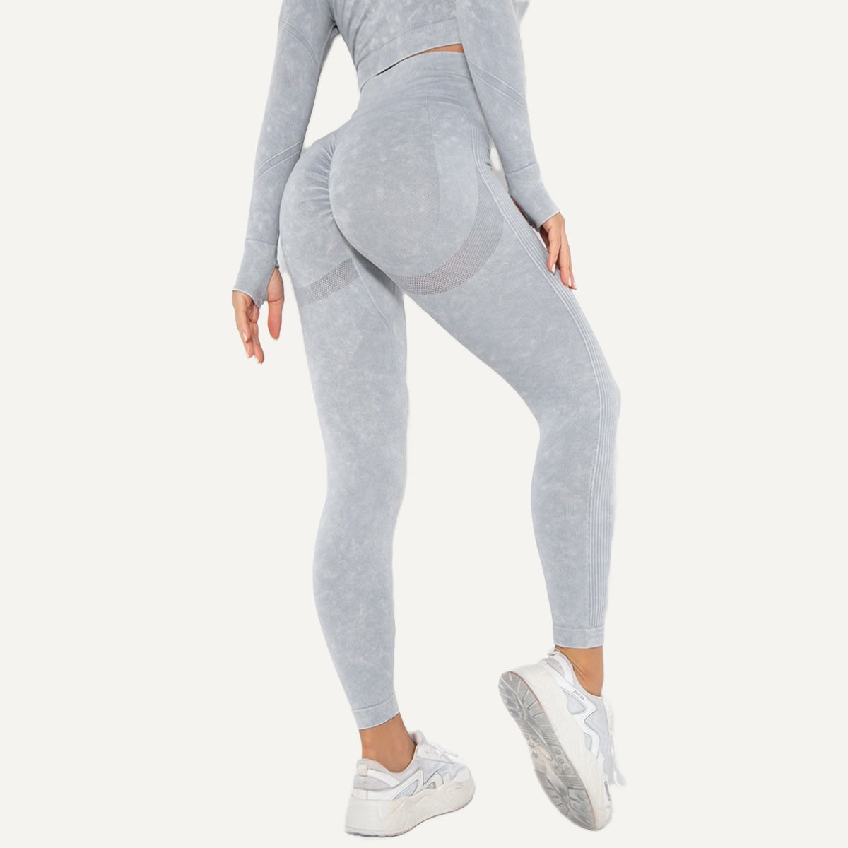 High-Waisted Mottled Knit Leggings - Light Gray