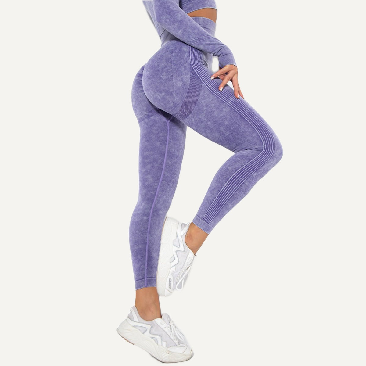 High-Waisted Mottled Knit Leggings - Purple