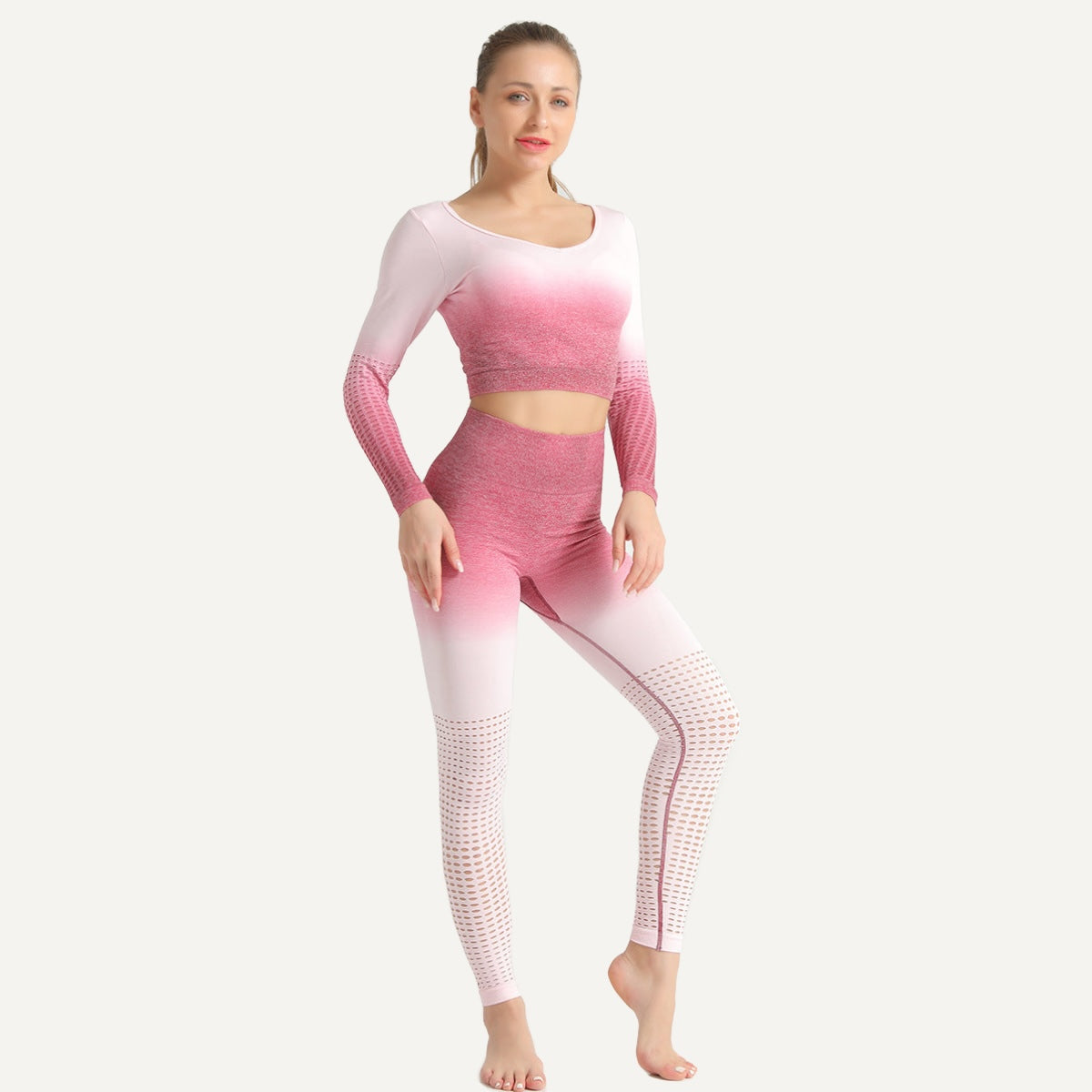 Textured Long Sleeve Crop Top and Leggings Set - Pink