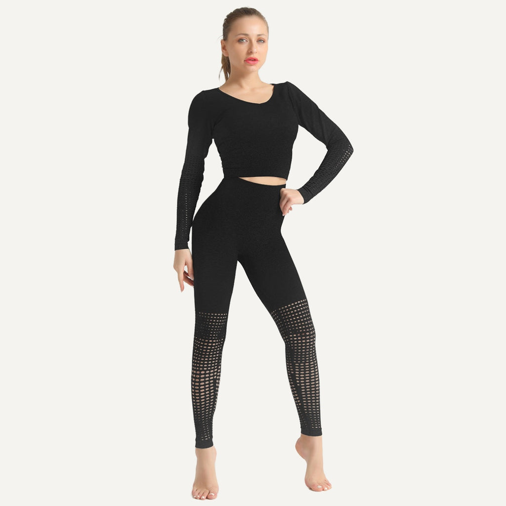 Textured Long Sleeve Crop Top and Leggings Set - Black