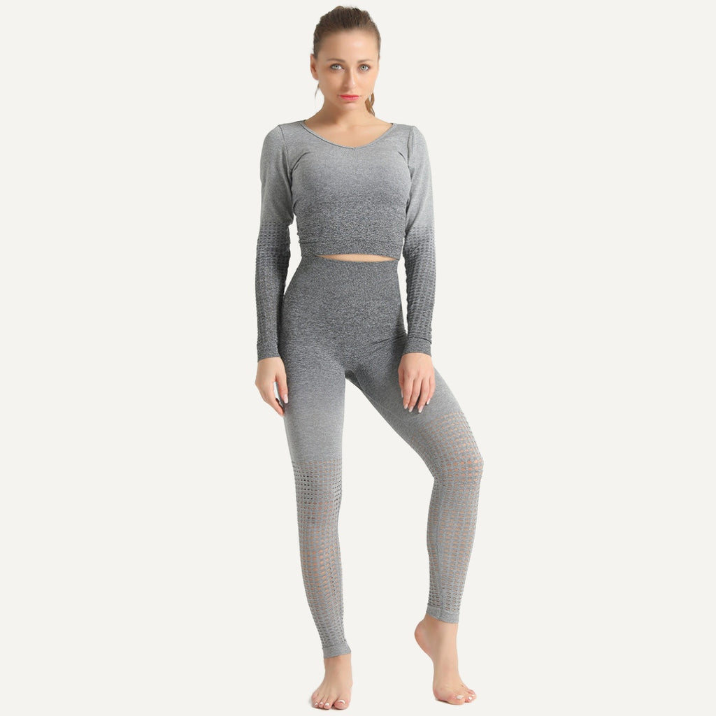 Textured Long Sleeve Crop Top and Leggings Set - Gray