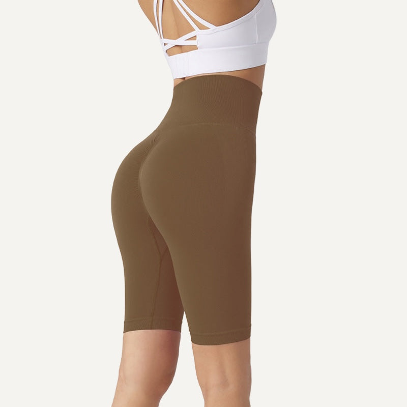 High-Waisted Biker Shorts with Textured Panels - Brown