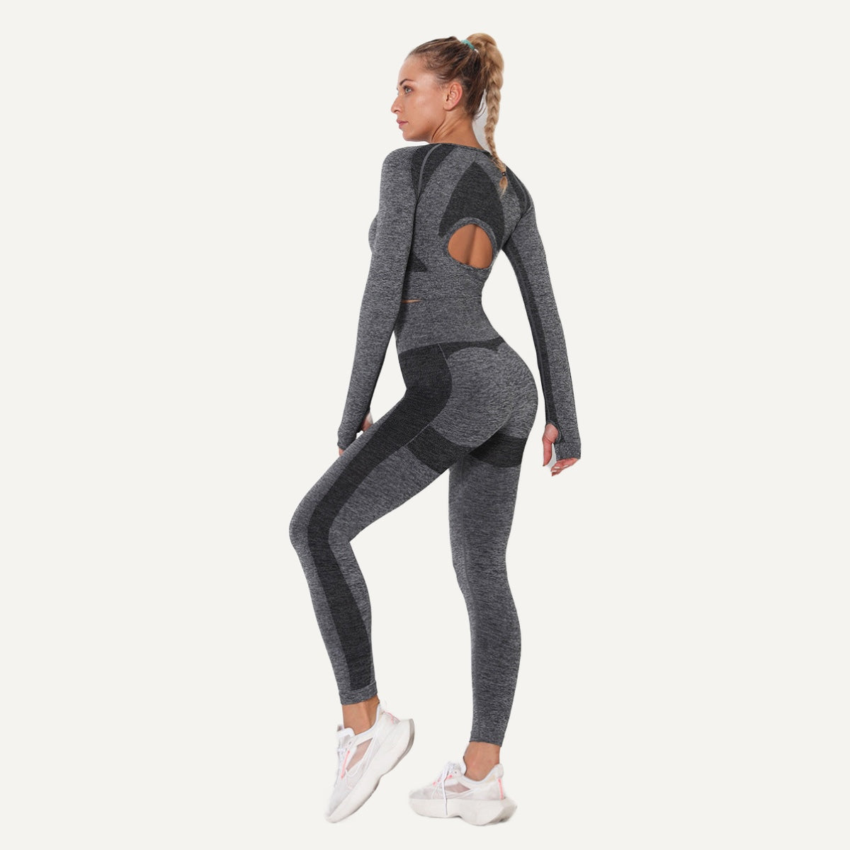Open-Back Long Sleeve Crop Top and Leggings Set - Charcoal