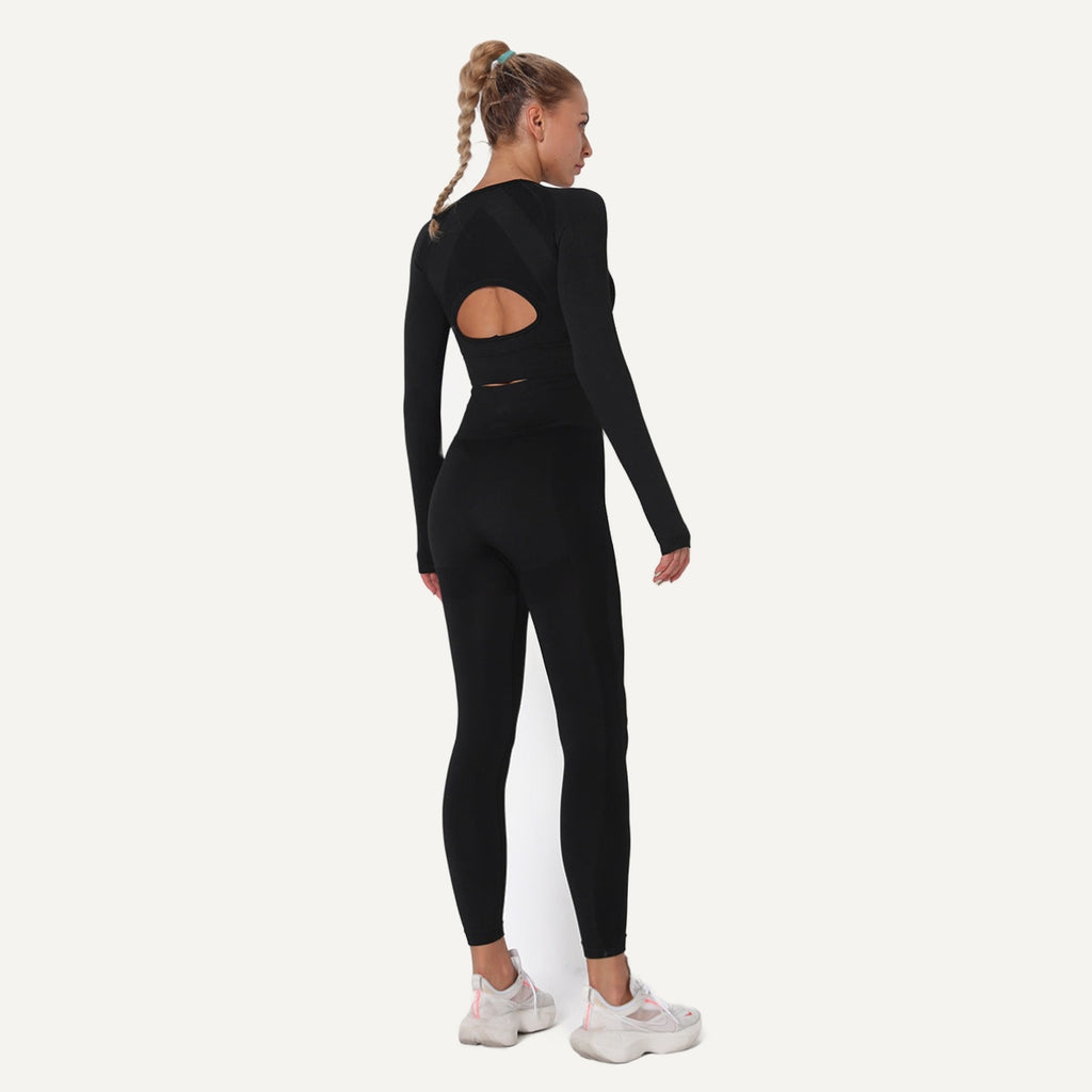 Open-Back Long Sleeve Crop Top and Leggings Set - Black