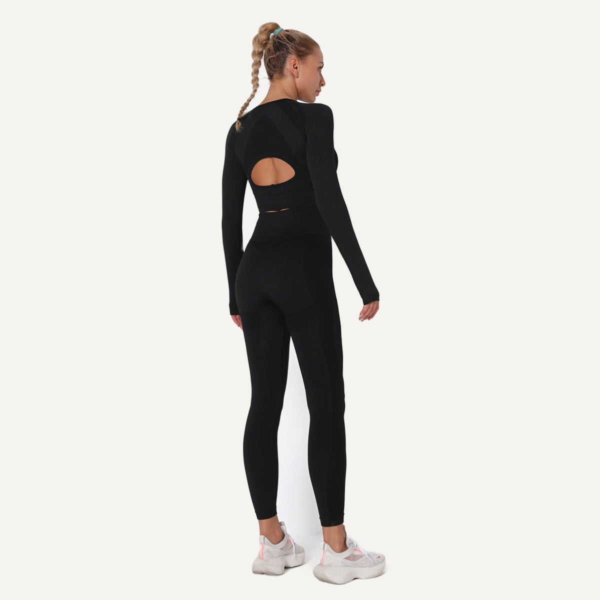 Open-Back Long Sleeve Crop Top and Leggings Set - Black
