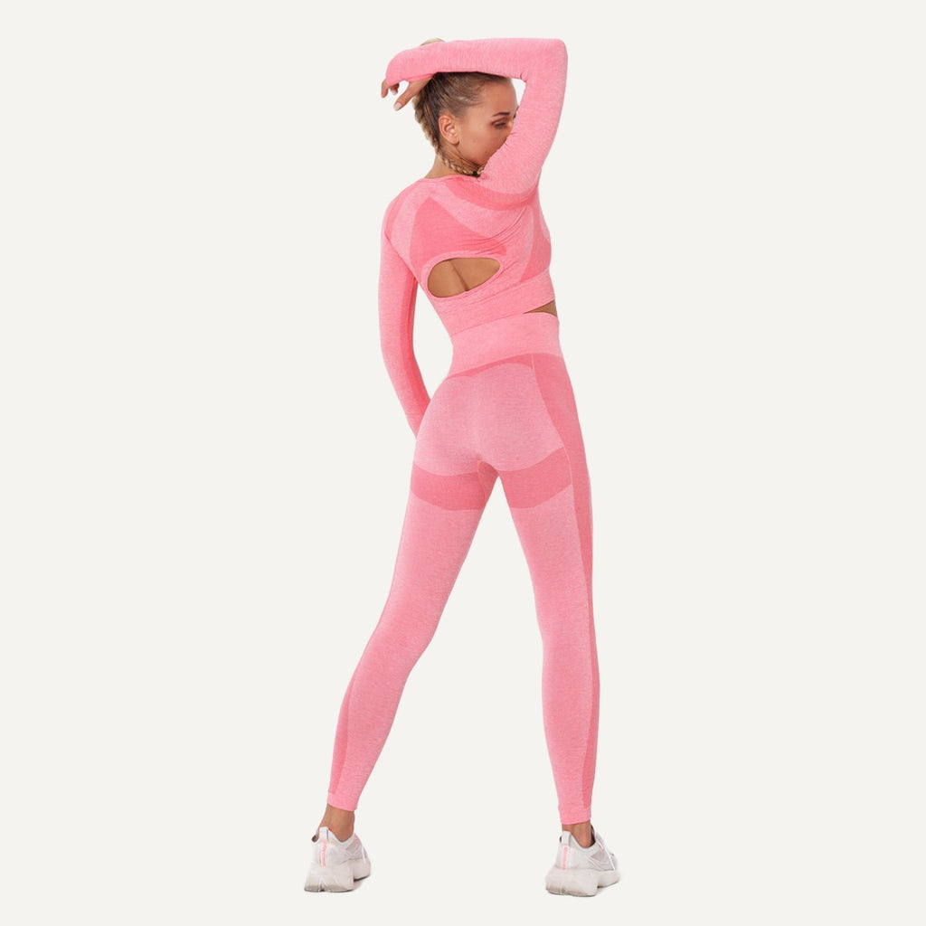 Open-Back Long Sleeve Crop Top and Leggings Set - Pink