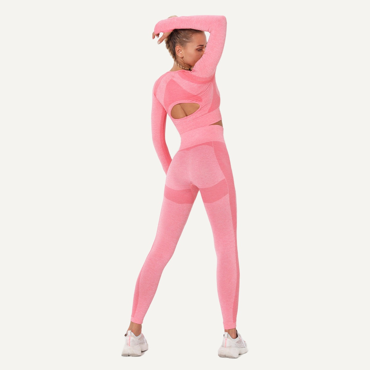 Open-Back Long Sleeve Crop Top and Leggings Set - Pink