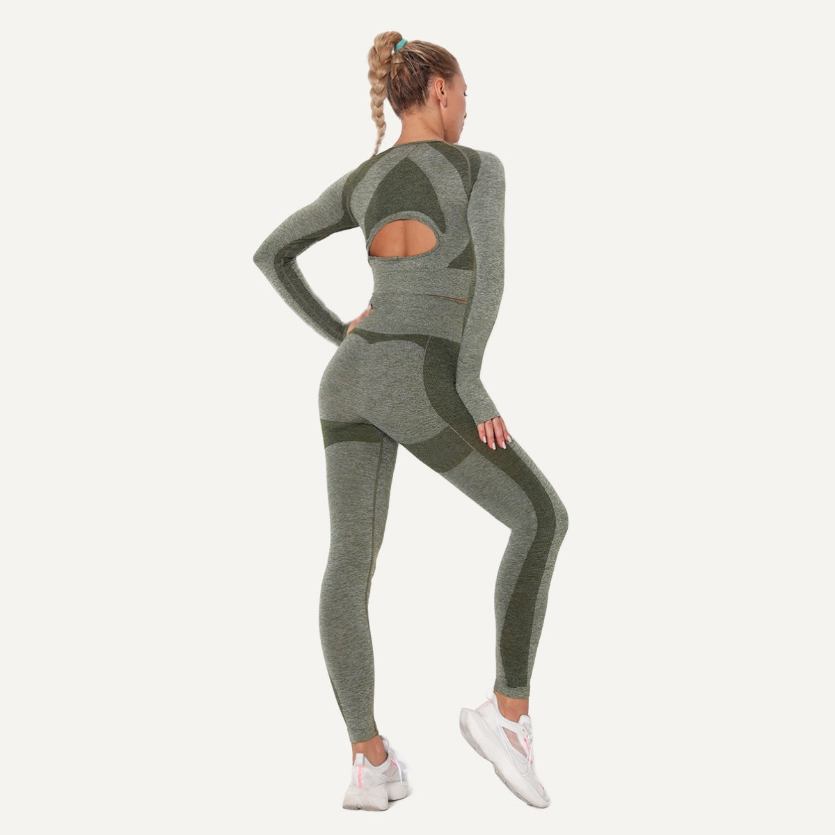 Open-Back Long Sleeve Crop Top and Leggings Set - Olive